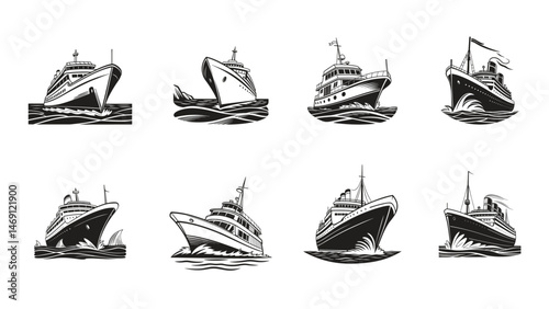 Set of sailing ships vector with black and white