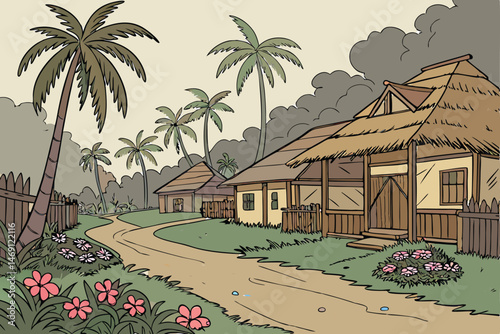 45 detailed tropical village with thatched roofs, dirt road, palm trees, colorful flowers, cloudy sky, vibrant colors, intricate details, digital painting, fantasy art style