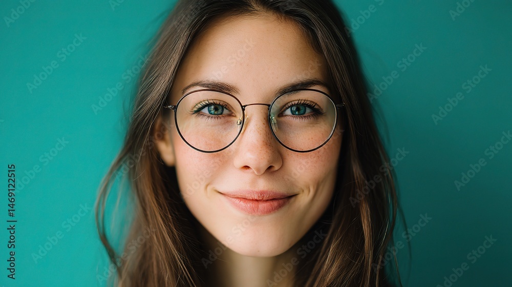 Smiling Woman with Round Glasses Posing for Direct Eye Contact Smiling Woman with Round Glasses Posing for Direct Eye Contact