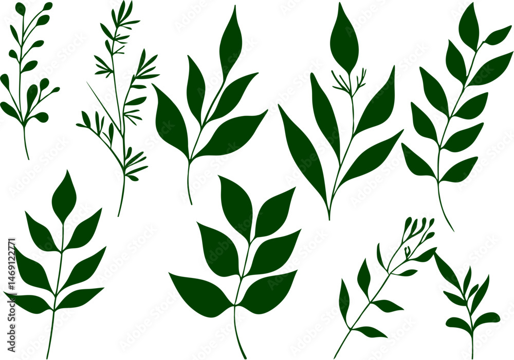 Obraz premium Green Leaf Silhouettes Collection, A set of green leaf silhouettes in flat style, perfect for botanical, nature, or eco-themed design and decoration use.