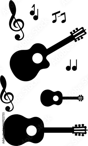 Classic Guitar Silhouette Illustration, Black guitar silhouette vector with elegant shape, perfect for music, band, or concert themed designs.
