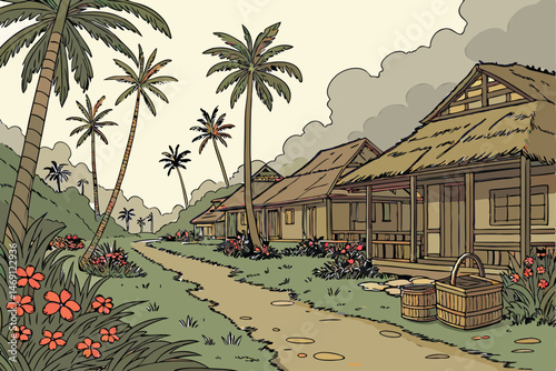 45 detailed tropical village with thatched roofs, dirt road, palm trees, colorful flowers, cloudy sky, vibrant colors, intricate details, digital painting, fantasy art style
