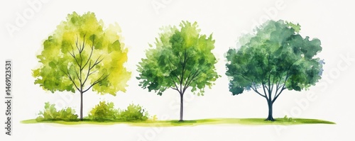 Three Watercolor Trees in Shades of Green Against White Background