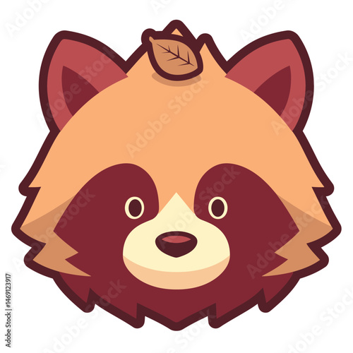 Cute cartoon raccoon face with a leaf on its head.
