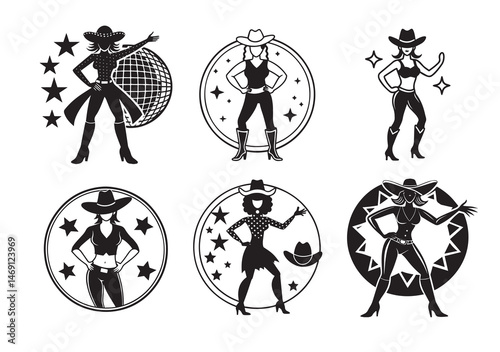 Disco Cowgirl Silhouette Vector Set Bachelorette Design
