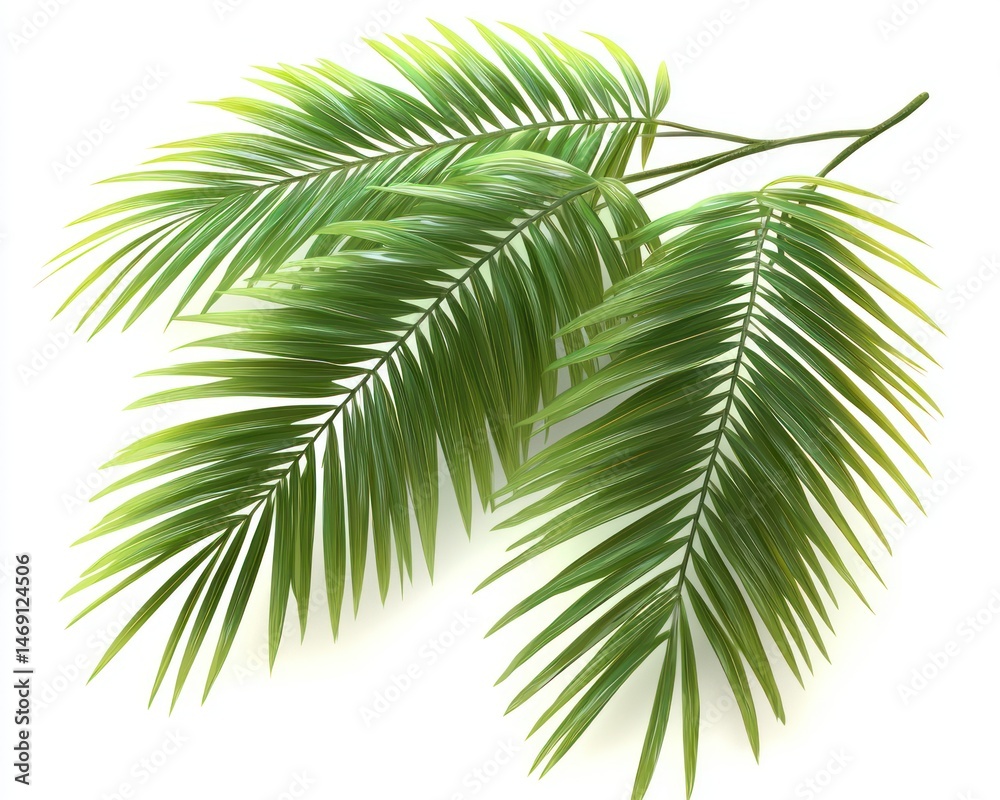Lush green palm fronds branch out against a stark white background Lush green palm fronds branch out against a stark white background