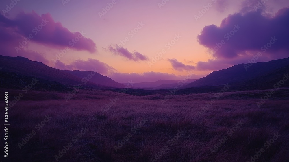 Obraz premium Breathtaking purple sunset over mountains, soft clouds harmonizing twilight hues in a tranquil valley landscape