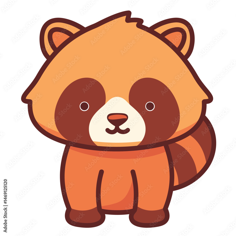 Fototapeta premium A cute cartoon raccoon dog with a striped tail stands upright.