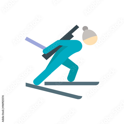 Illustration of a biathlete with a rifle and skis wearing a hat in a stylized minimalist design style
