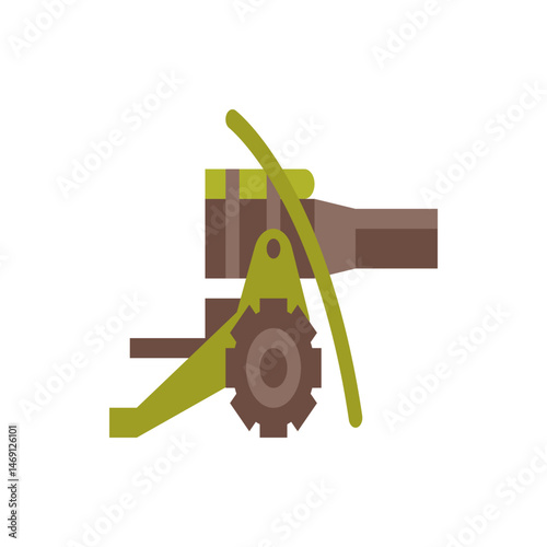 Illustration of a brown and green cannon with a gear, lever, and curved aiming mechanism on a white background