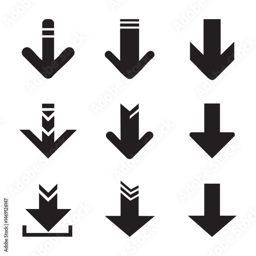 Set of down arrow silhouette icons on white background