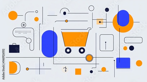 Creative ecommerce scene with a precise line drawing of a cart icon, flanked by SEO-optimized product headlines, dynamic price adjustment sliders, and real-time inventory heatmap overlays