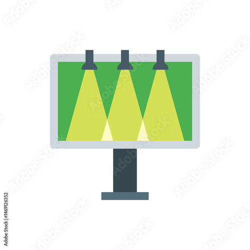 Billboard with green background and three spotlights shining down on it for advertising space use case