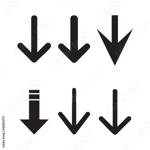 Set of down arrow silhouette icons on white background