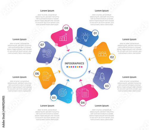 Modern Infographic design elements for your business data with 8 options, parts, steps, timelines or processes, Circle round concept. Vector Illustration.