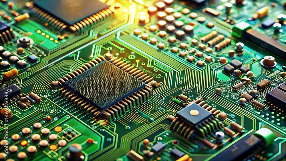 Obraz premium Closeup of Circuit Board Microchip Technology Green Electronic Components Computer Hardware