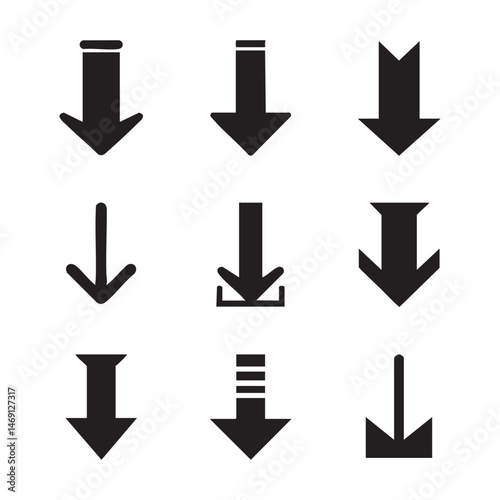 Set of down arrow silhouette icons on white background