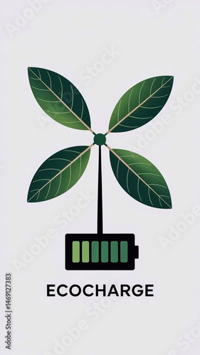 Ecocharge: image shows a stylized battery from which a stem grows with four green leaves, symbolizing eco-friendly energy and charging, with the word 