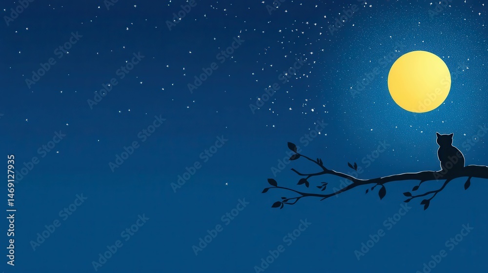 Night sky, full moon, cat on branch, stars. Night sky, full moon, cat on branch, stars.