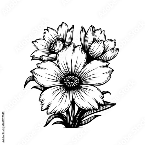 Elegant floral drawing: a monochromatic portrayal of blossoming flowers