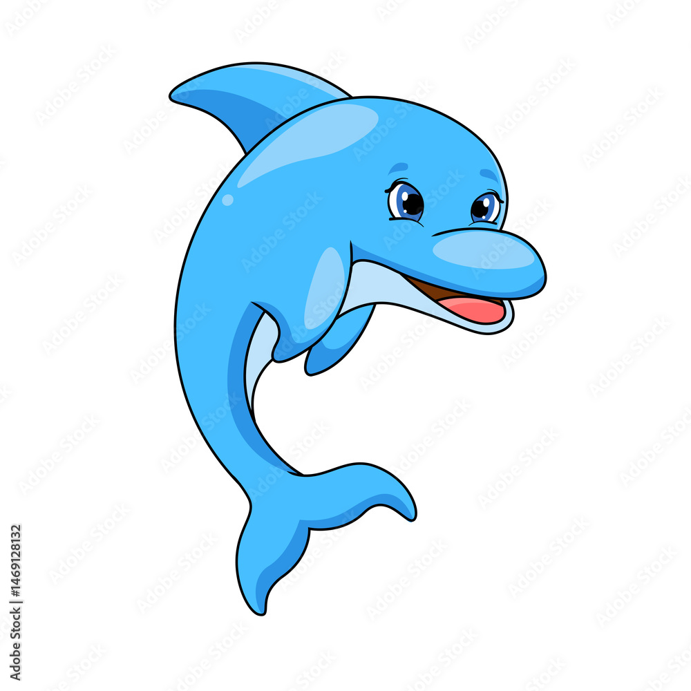 Obraz premium A cute blue cartoon dolphin, a marine mammal, jumps from the ocean water, a illustration of sea life