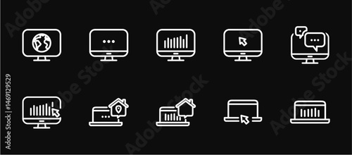Remote Work Line Icons . Freelancer Work from Home, Video Call, Online Meeting, Teleconference Vector Set