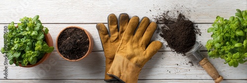 Gardening Tools and Fresh Potting Soil Ready for Planting Herbs in a Home Garden During Springtime Generative AI