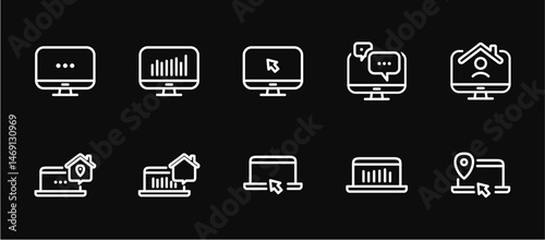Remote Work Line Icons . Freelancer Work from Home, Video Call, Online Meeting, Teleconference Vector Set