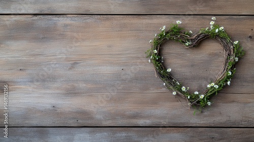 Wooden background; floral heart decoration.