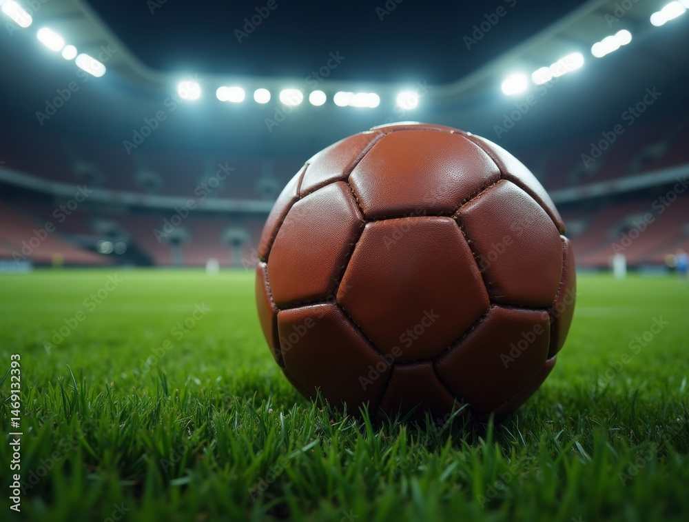 Fototapeta premium classic leather soccer ball resting on a lush green field, with stadium lights illuminating the background