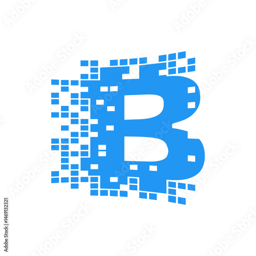 Blue bitcoin symbol dissolving into pixels on a white background representing digital currency concept design