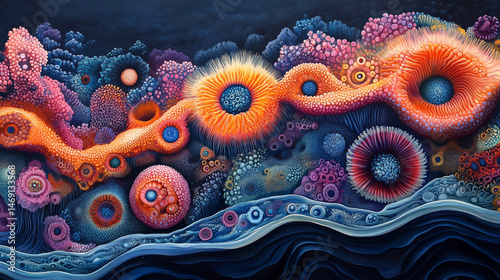 Coral reef abstract illustration with vibrant colored organisms in blue and orange, underwater ecosystem diversity, marine biology concept