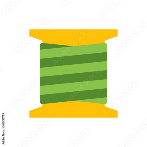 Illustration of a spool of green and darker green striped thread with yellow ends in a flat style