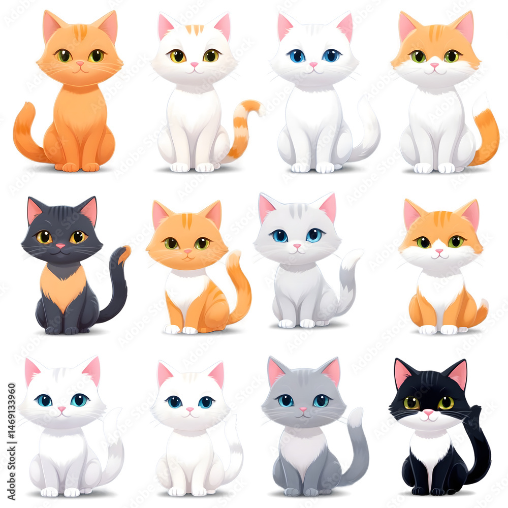 Cute Cartoon Cats Sitting in Neat Rows Cute Cartoon Cats Sitting in Neat Rows