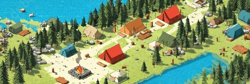 Isometric View of a Vibrant Camping Ground With Tents, Bonfire, and Serene Lake During a Sunny Day Generative AI