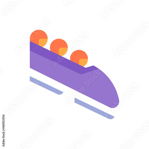 Illustration of a purple roller coaster car with three orange spheres on a white background diagonally placed