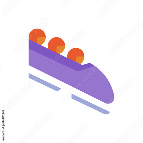 Illustration of a purple bobsleigh with three orange balls on top sliding down a track on a white background