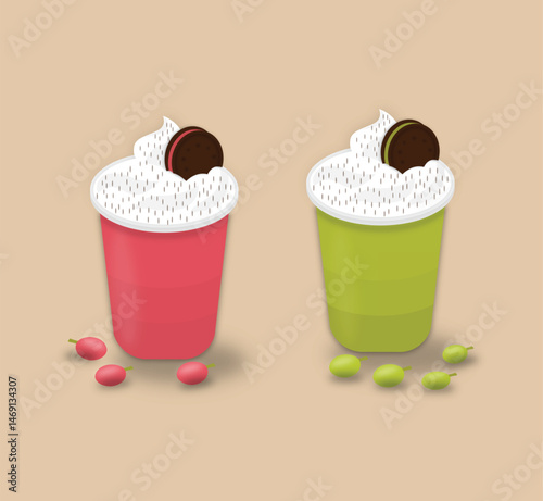 Colorful Dessert Drinks with Whipped Cream and Cookies in Red and Green Cups with Berries Isolated on Beige Background