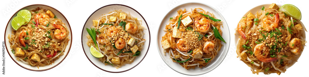 Pad Thai Noodles, Stir-fried rice noodles with shrimp, tofu, and peanuts, Thai Street Food, isolated on white background or Transparent PNG Pad Thai Noodles, Stir-fried rice noodles with shrimp, tofu, and peanuts, Thai Street Food, isolated on white background or Transparent PNG