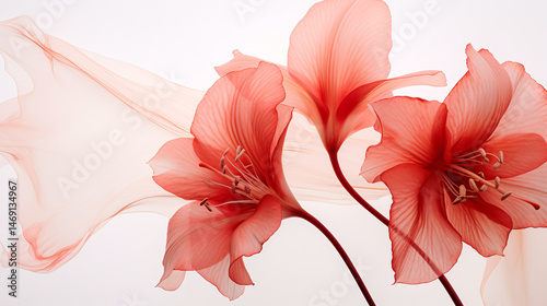 Close-up of Amaryllis petals and leaves, showing delicate pink flowers on a clean white background.

