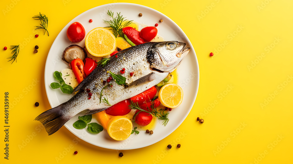 Beautifully arranged plate of cooked fish, garnished with fresh vegetables and herbs, laid out against a vibrant yellow background. Beautifully arranged plate of cooked fish, garnished with fresh vegetables and herbs, laid out against a vibrant yellow background.