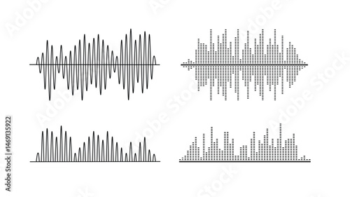 Minimalist Audio Waveform and Soundwave Icon Set – Line and Dot Style Visuals