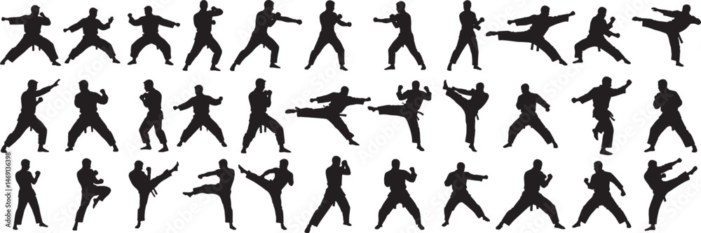 Fototapeta premium A collection of karate silhouettes in various poses, showcasing martial arts techniques and stances on white