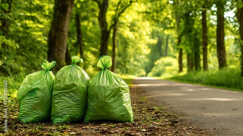 Conceptual image for World Environment Day. Three green compostable trash bags filled with waste on park pathway outdoors. .