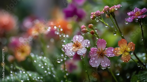 April rain showers over a spring garden, with droplets on blooming flowers .