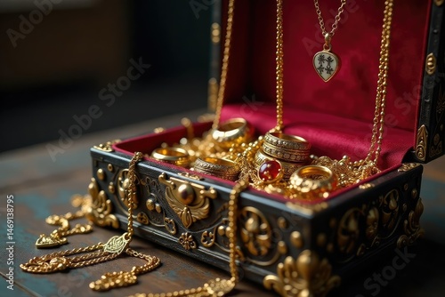 Antique ornate jewelry box overflowing with gold necklaces, rings, and earrings , chest, detail