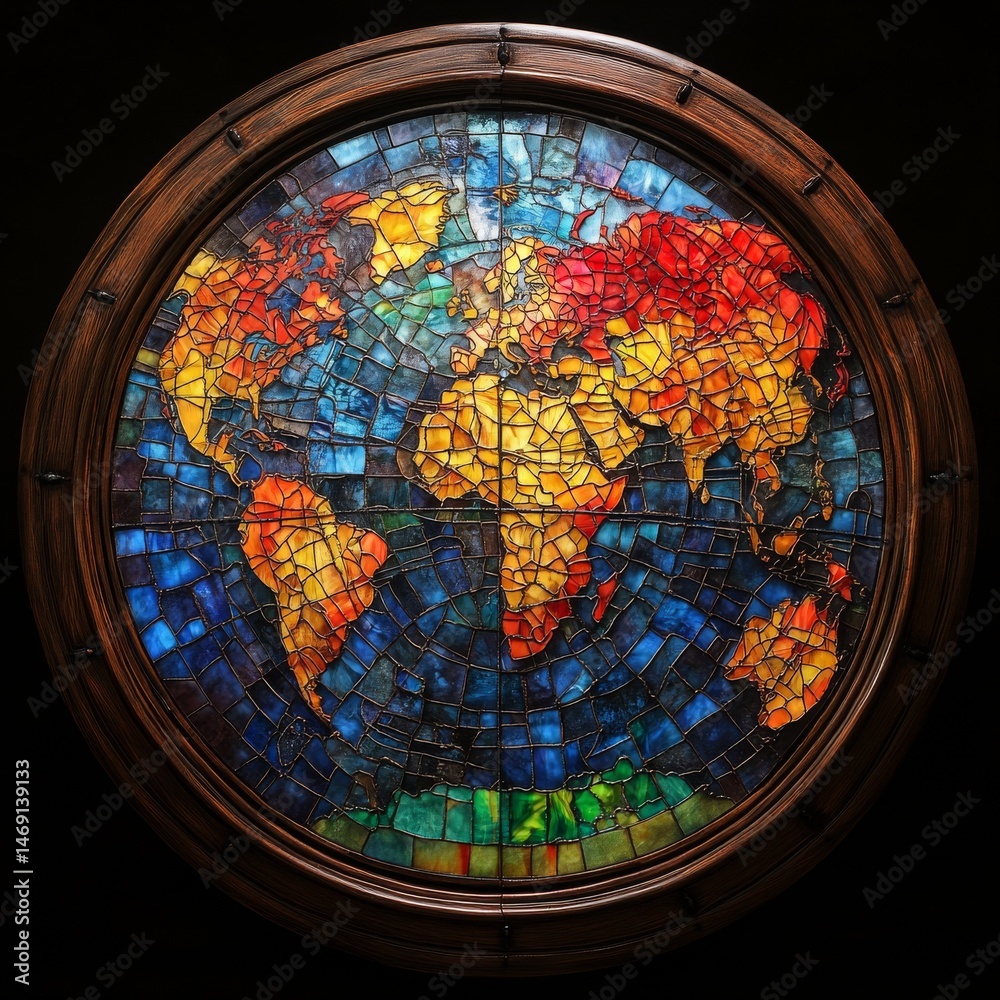 Fototapeta premium A Stained Glass World: Circular Mosaic Depiction of Earth's Continents and Oceans Framed by a Rustic Wooden Ring - A Unique Artistic Geography.