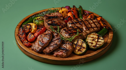 Large wooden platter showcasing a variety of grilled meats and vegetables.  The platter is presented against a muted green background.