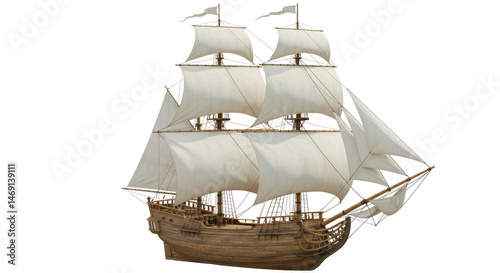 Isolated Three-Masted Sailing Ship with White Sails
