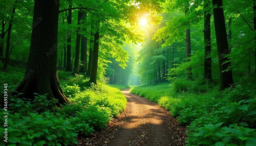 Fototapeta premium A winding path through a lush forest, sunlight dappling the leaves , woodland, natural, light